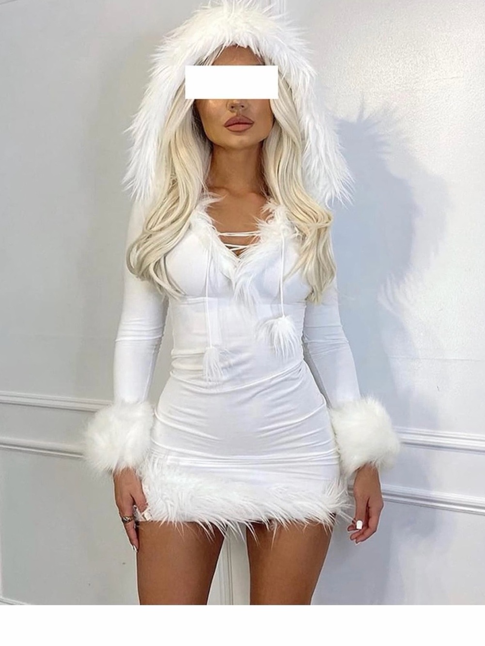 White Faux-Fur Trim Hooded Bodycon Dress